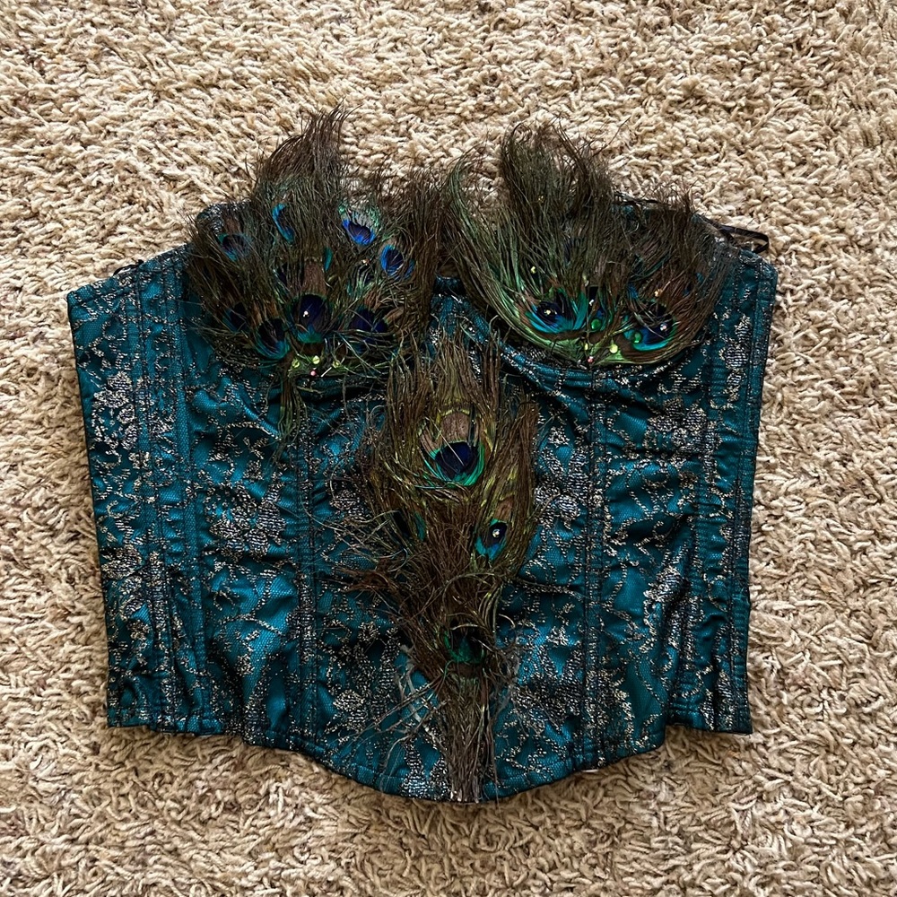 Mystery Peacock corset w/ feathers • adjustable back • worn gently • size m